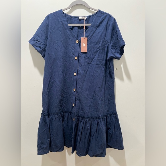 NWT Hot Touch Navy Blue Cotton Button Front Tiered Mini Dress Size XL - Picture 2 of 6
